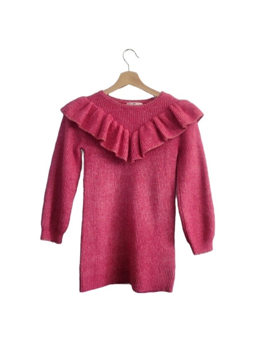 H&M Girls Pink Ribbed Ruffle Sweater Dress Sz 6X/7 Cozy Knit